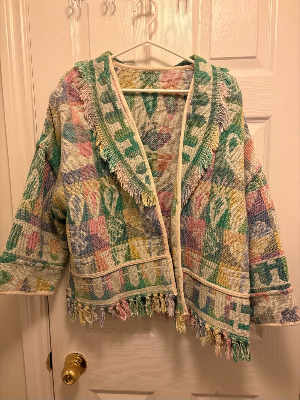 LabelSisters Pastel Fringe Patchwork Open-Front Tapestry Jacket/Cardigan